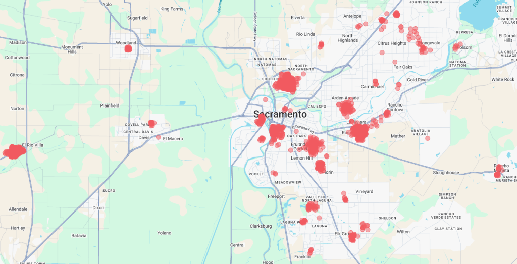 An image of a map displaying red dots indicating the abundance of Aedes aegypti mosquitoes in Sacramento and Yolo counties.