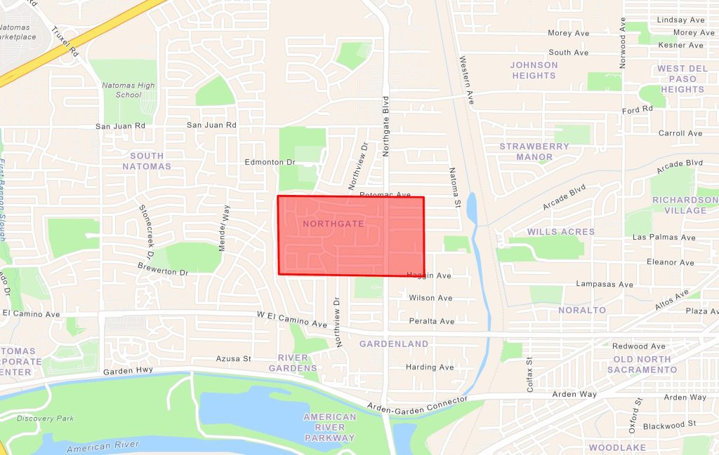 An image of a map of the South Natomas area in Sacramento showing an area highlighted by a red rectangle.
