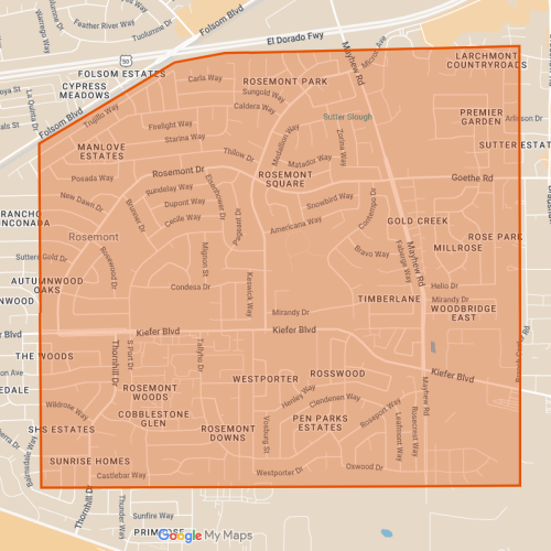 2026-sit-bulletin-area Map of the Rosemont area in Sacramento showing the Sterile Insect Technique (SIT) program outlined in orange. The area includes Rosemont Park, Rosemont Square, Rosswood, Rosemont Downs, Timberlane, Gold Creek, and surrounding neighborhoods.