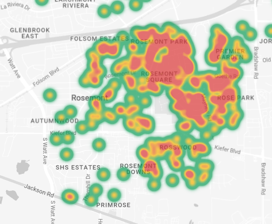 Heatmap showing concentrations of Aedes aegypti mosquito detections in the Rosemont area, with the highest activity centered around Rosemont Park and surrounding neighborhoods.